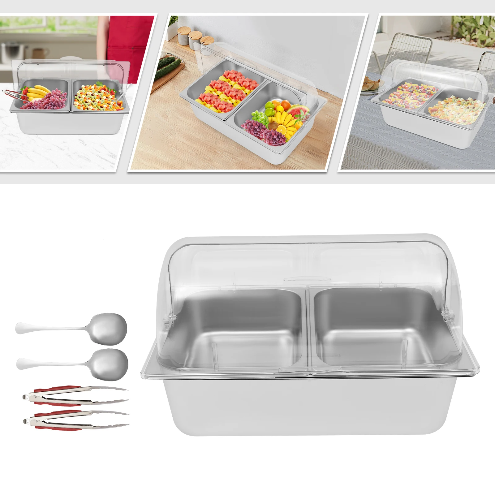 

Stainless Steel Food Serving Container 2 Compartments, with Lid Spoons Clamps and Water Bags, for Family Picnics, Buffets
