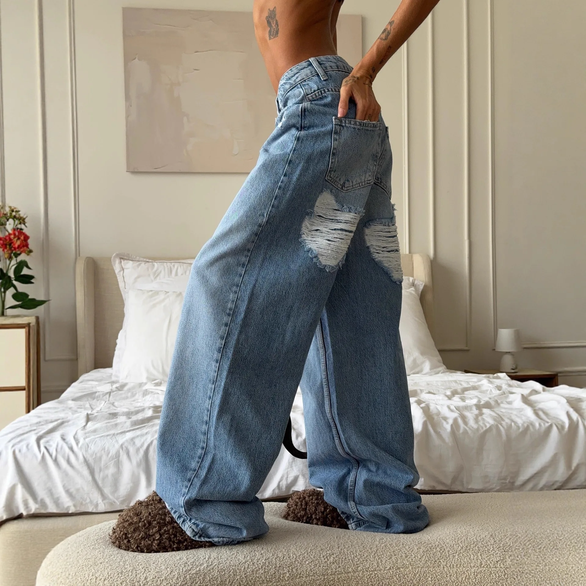 Moroder Euro-American Autumn And Spring New Style Abrasion-Resistant Loose Fashion Ripped Women's Straight Leg Wide Leg Jeans