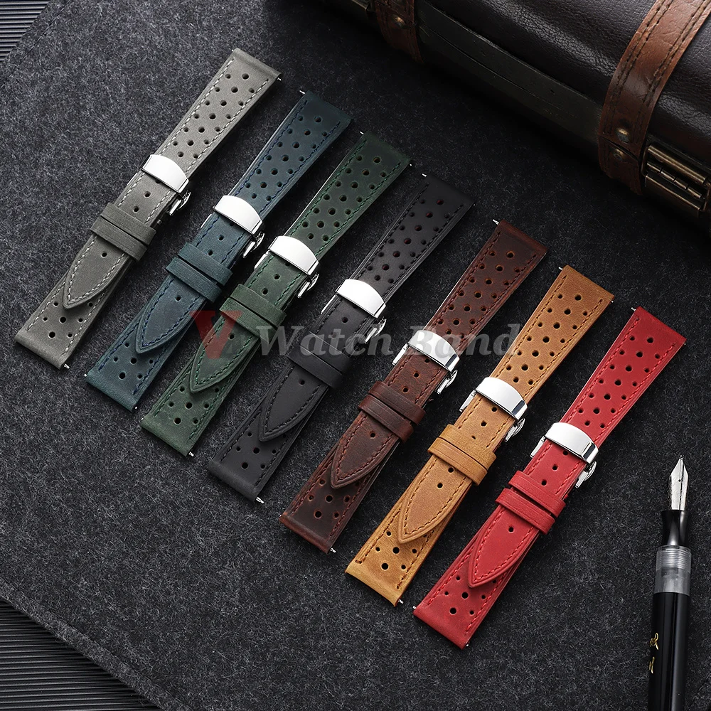 Breathable Porous Watchband Butterfly Buckle Vintage Racing Leather Watch Strap 18mm 19mm 20mm 21mm 22mm 24mm Quick Release