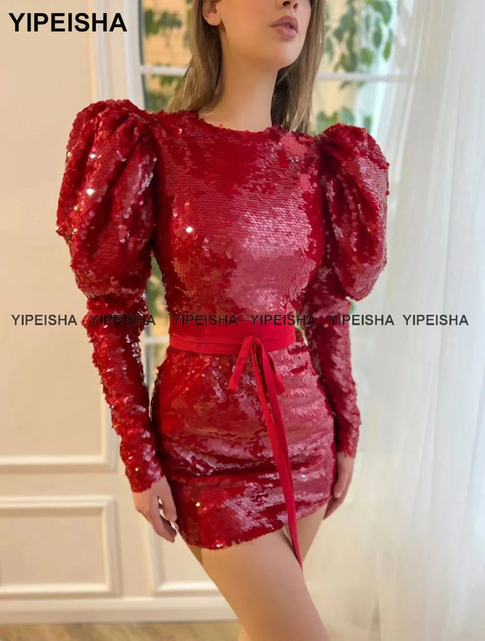 

Yipeisha Sparkly Sequin Mini Cocktail Dresses O-neck Long Sleeves Sheath Party Gown Red Short Homecoming Prom Dress for Birthday