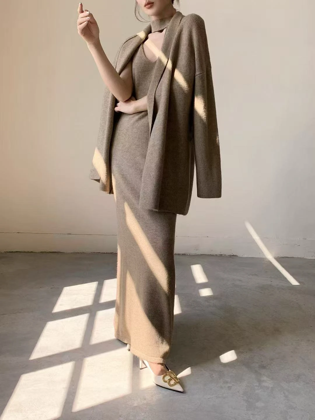 Elegant Women 3 Piece Knit Suit Open Front Long Cardigan Sleeveless Dress with Neck Scarf Lounge Set