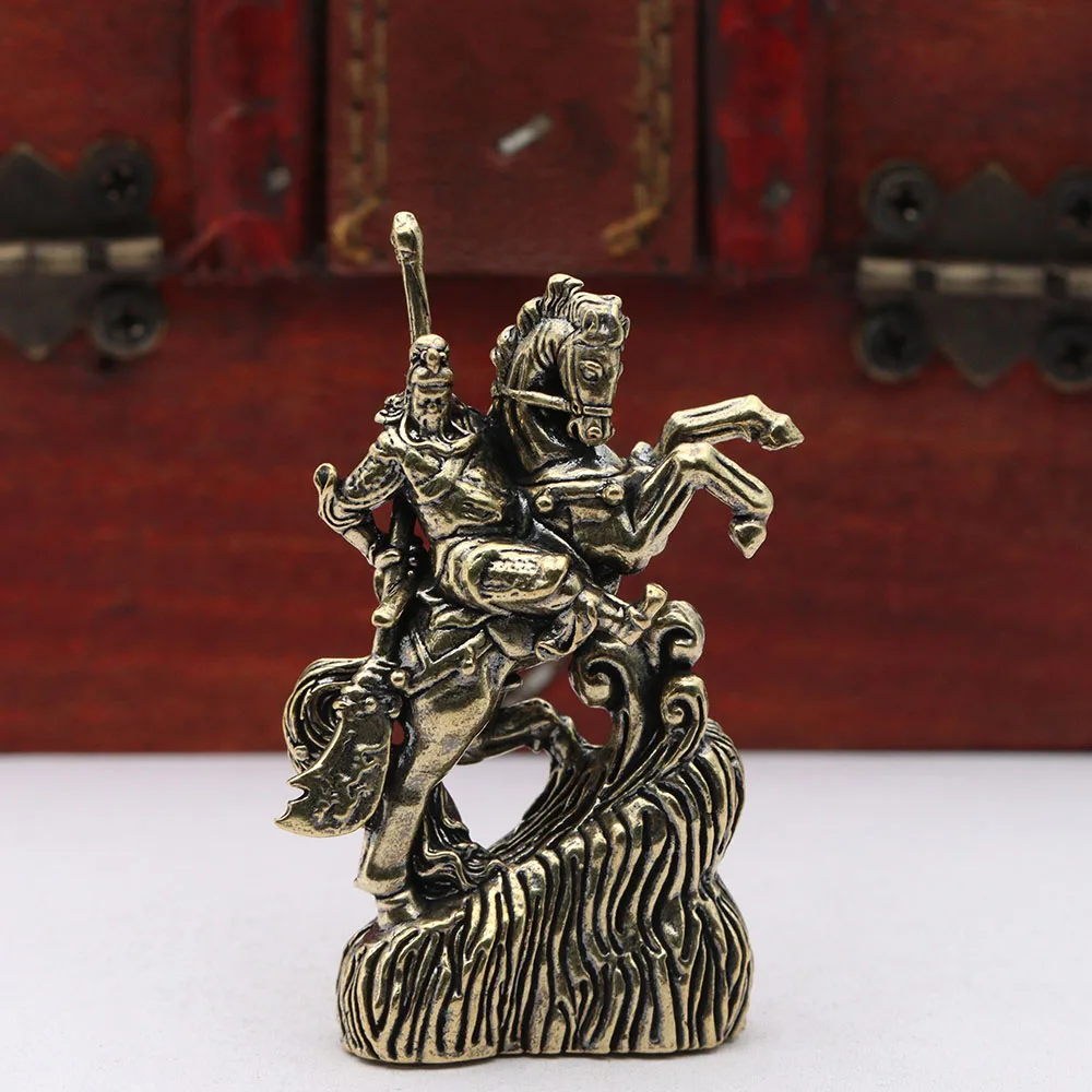 Brass Guan Gong Riding Horse Small Statue Retro Chinese God of Wealth Characters Figurines Desktop Ornaments Decorations Crafts