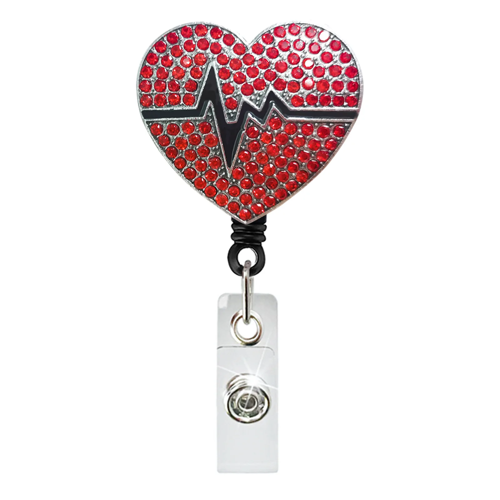 Rhinestone Heart Shape Rotating Badge Holder, seringa ECG, estetoscópio, carretel de crachá retrátil, presente para médico e enfermeira