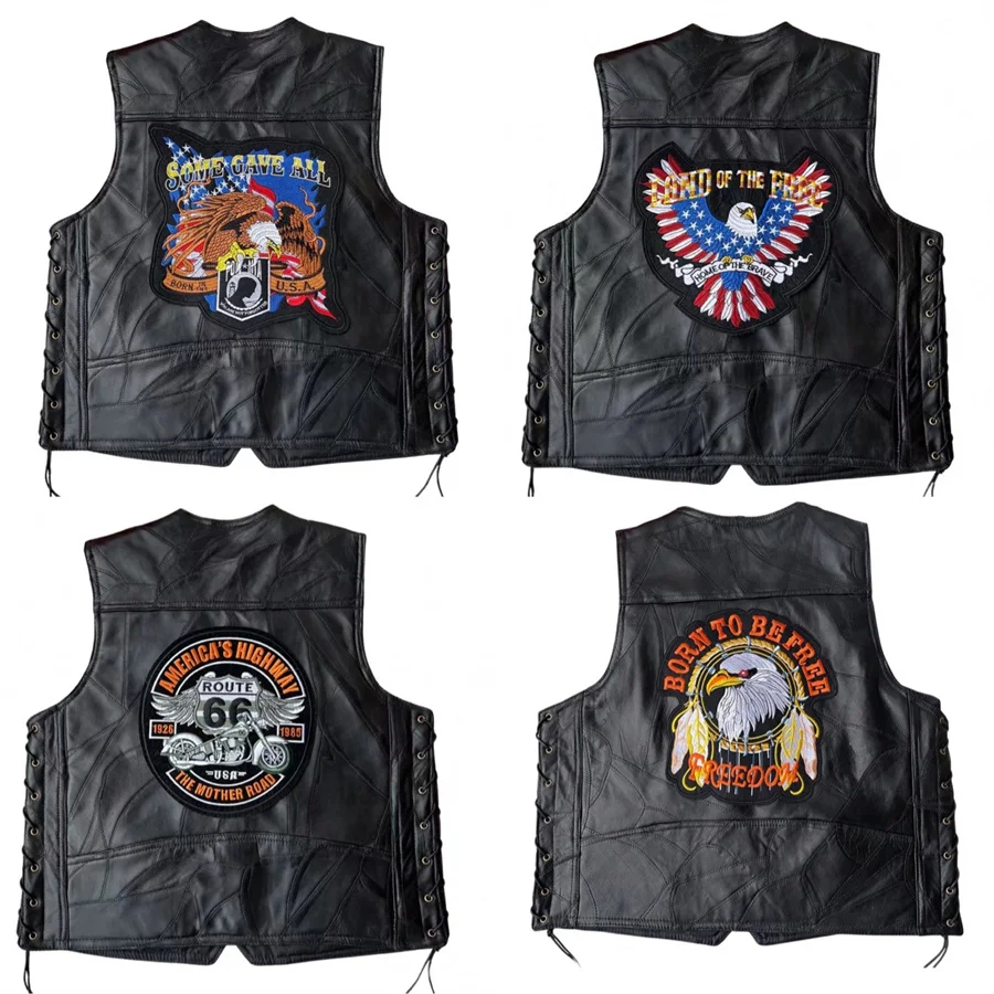 Geborduurd Heren Motorfiets Lederen Vest Punk Mouwloos Jack Rijden Biker Gilet Heren Kleding Zwart Streetwear Big Size