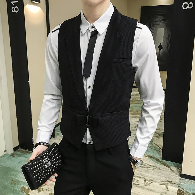 2023 Autumn Mens Vest Bow Decoration Waistcoat Prom Party Disco Waiter Clothes Casual Slim Dress Vest Men Tuxedo Gilet Homme