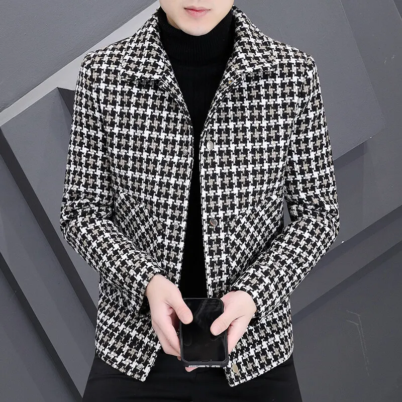 

Spring Thin Men's Plaid Jaet ort Casual Waistcoat Straight Hemline Long Sve Classic Collar Multi-Button Closure