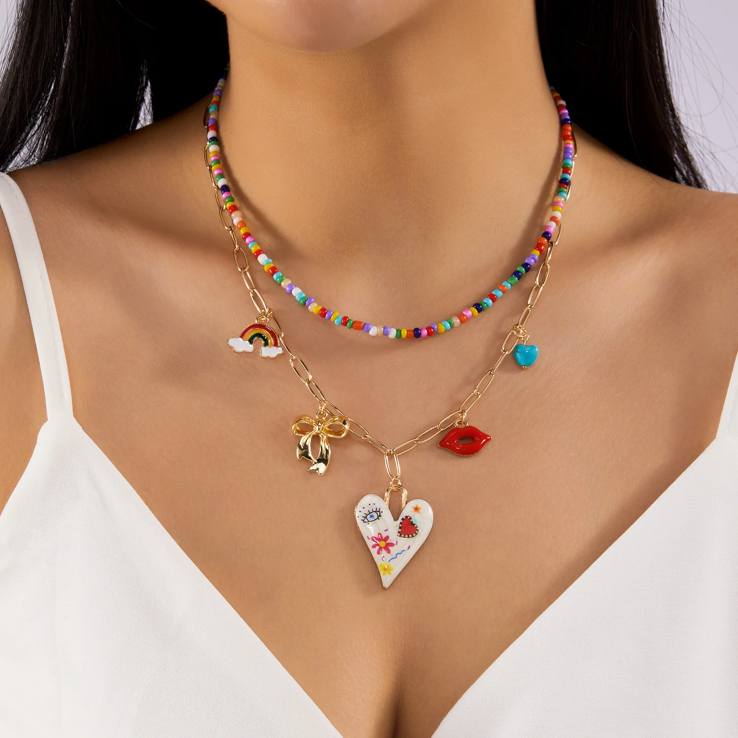 Trendy Red Fruit Cherry Beads Pendant Pearl Beaded Necklace For Women Trendy Party Clavicle Choker Jewelry Holiday Gift