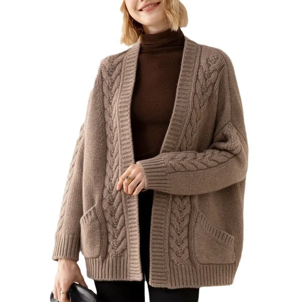 

Women's Elegant V-neck Knitted Cardigan European American Style Loose Fit Mid-Length Autumn Winter Sweater