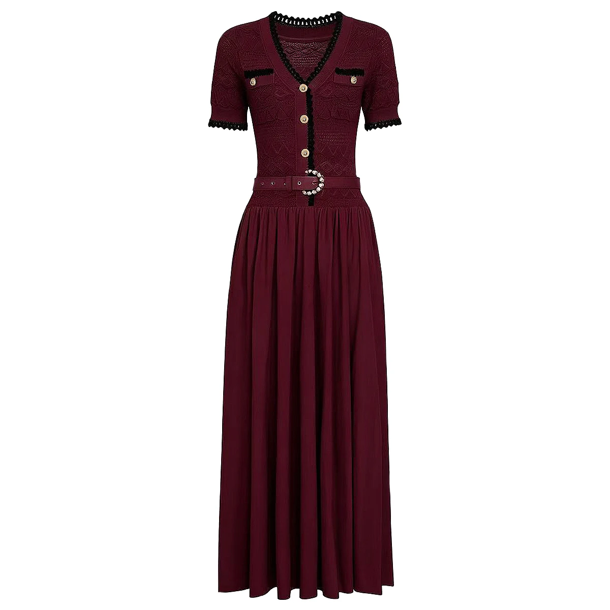 26195 New Summer Ladies Socialite Maxi Dress V Neck Short Sleeve Flattering Fit Matching Belt Trendy Women Casual Wear