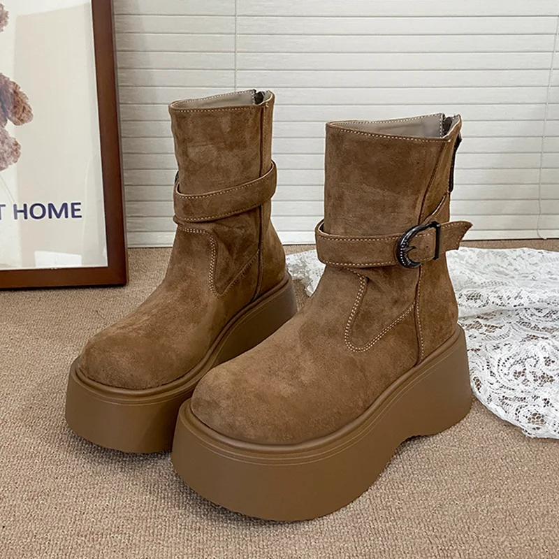 

Ботильоны на плоской подошве и платформе, женская модная замшевая обувь для женщин, трендовые зимние ботинки 2025, новые брендовые удобные женские ботинки