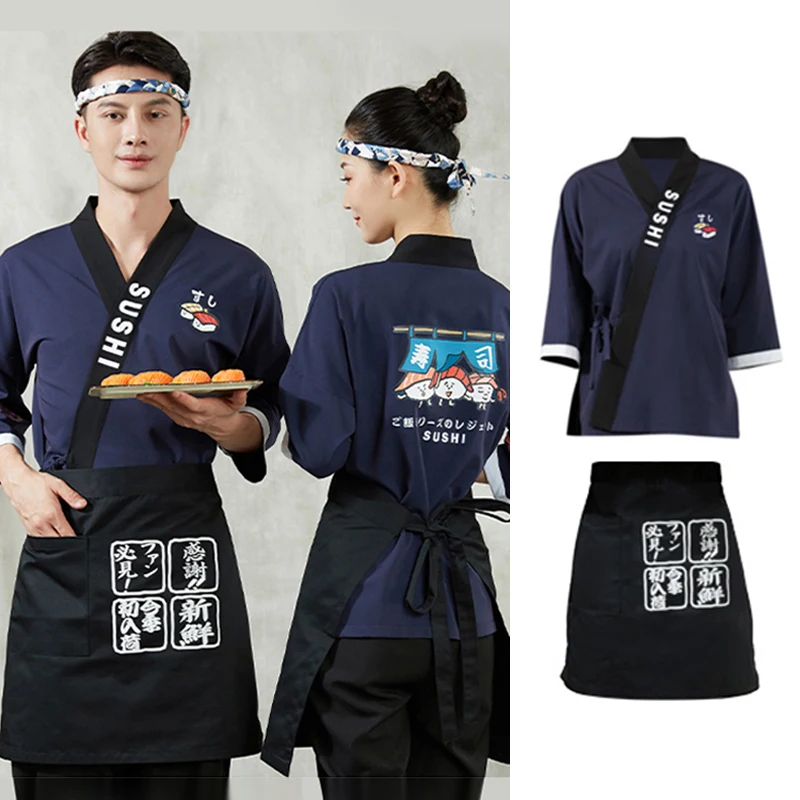 Uniforme de cuisine de Style japonais, 2/3 pièces chemises avec tablier, Kimono unisexe, pantalon de Chef de service alimentaire, salopette de serveur de Restaurant de Sushi