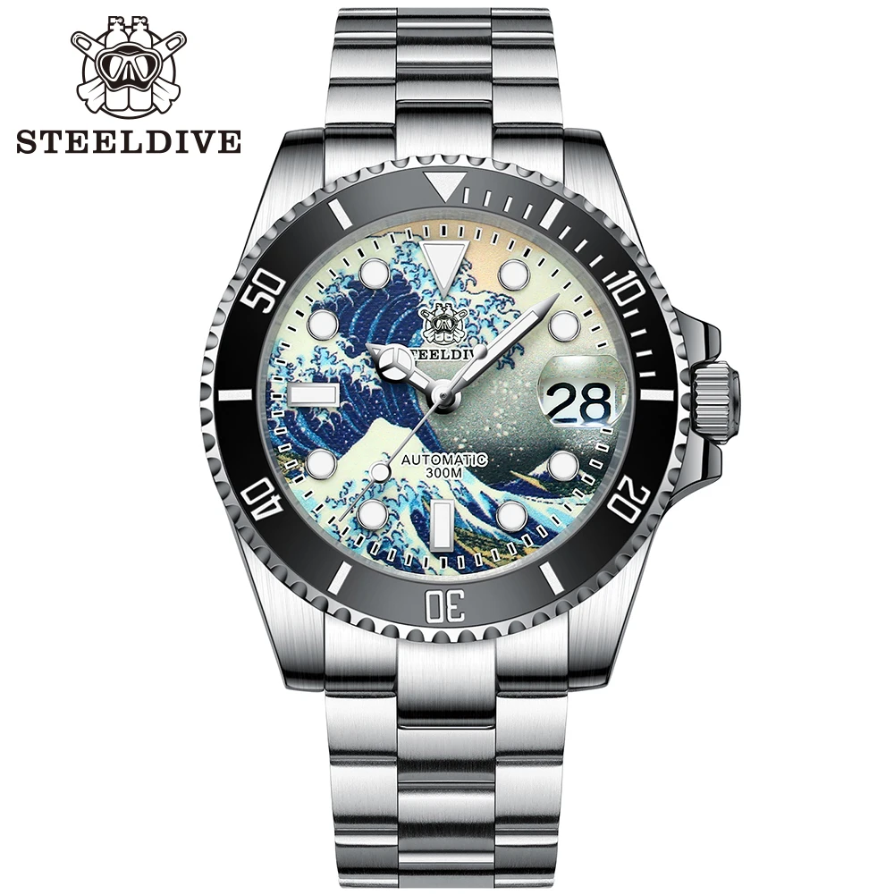 STEELDIVE SD1953J 41mm Green Dial Kanagawa Dial NH35 Automatic Movement 300M Waterproof Water Ghost Dive Watches For Men