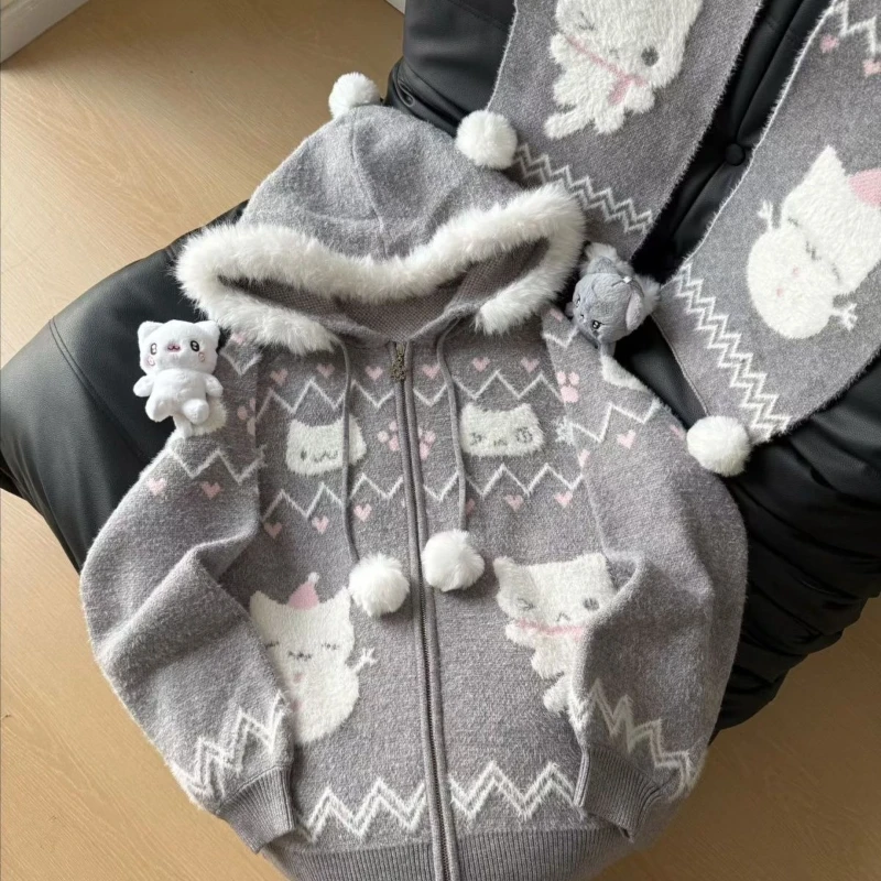 Kawaii Sweet Women Zip Up Cartoon Cat Knitted Hooded Jacket Fuzzy Trim Pom Pom Decor Loose Fit Vintage Fair Isle Casual Outfit