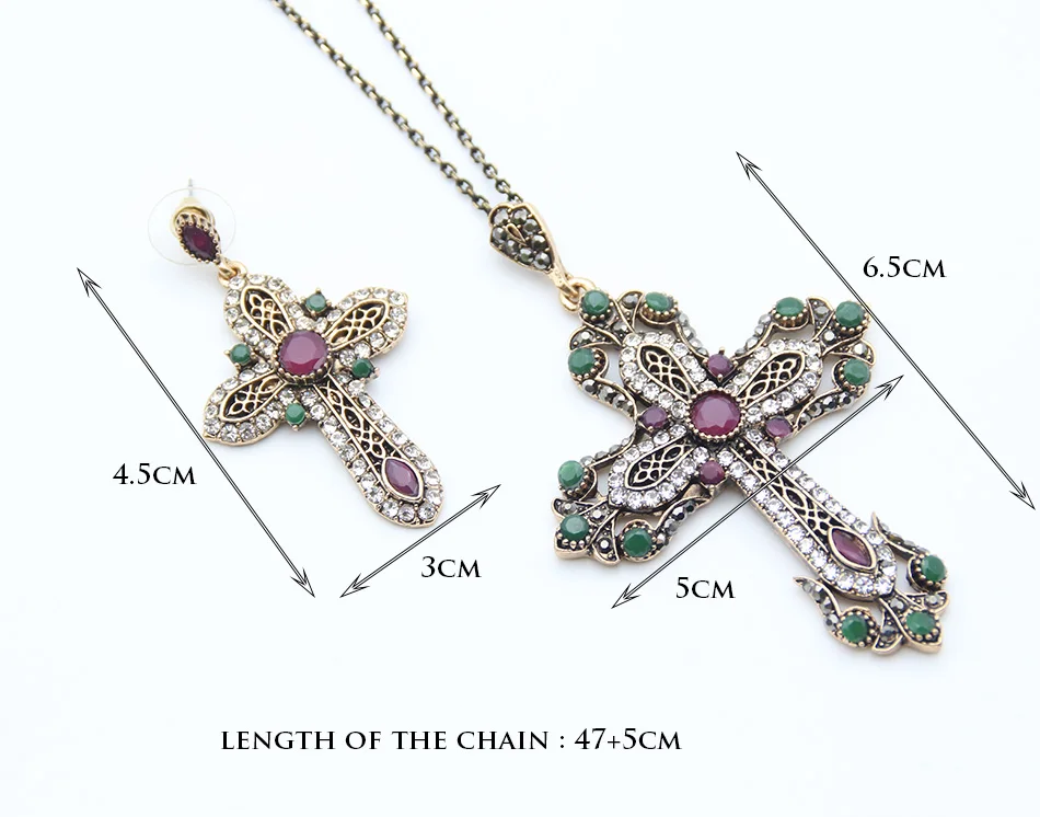 Sunspicems Chic Turkish Cross Jewelry Set Drop Earring Pendant Necklace Set for Women Antique Gold Silver Color Religious Bijoux