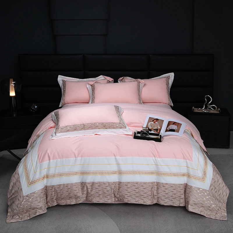 Pink Jacquard Satin Cotton Bedding Sets Luxury Golden Embroidery Duvet Cover Sets Bed Sheet Pillowcases Solid Color Home Textile