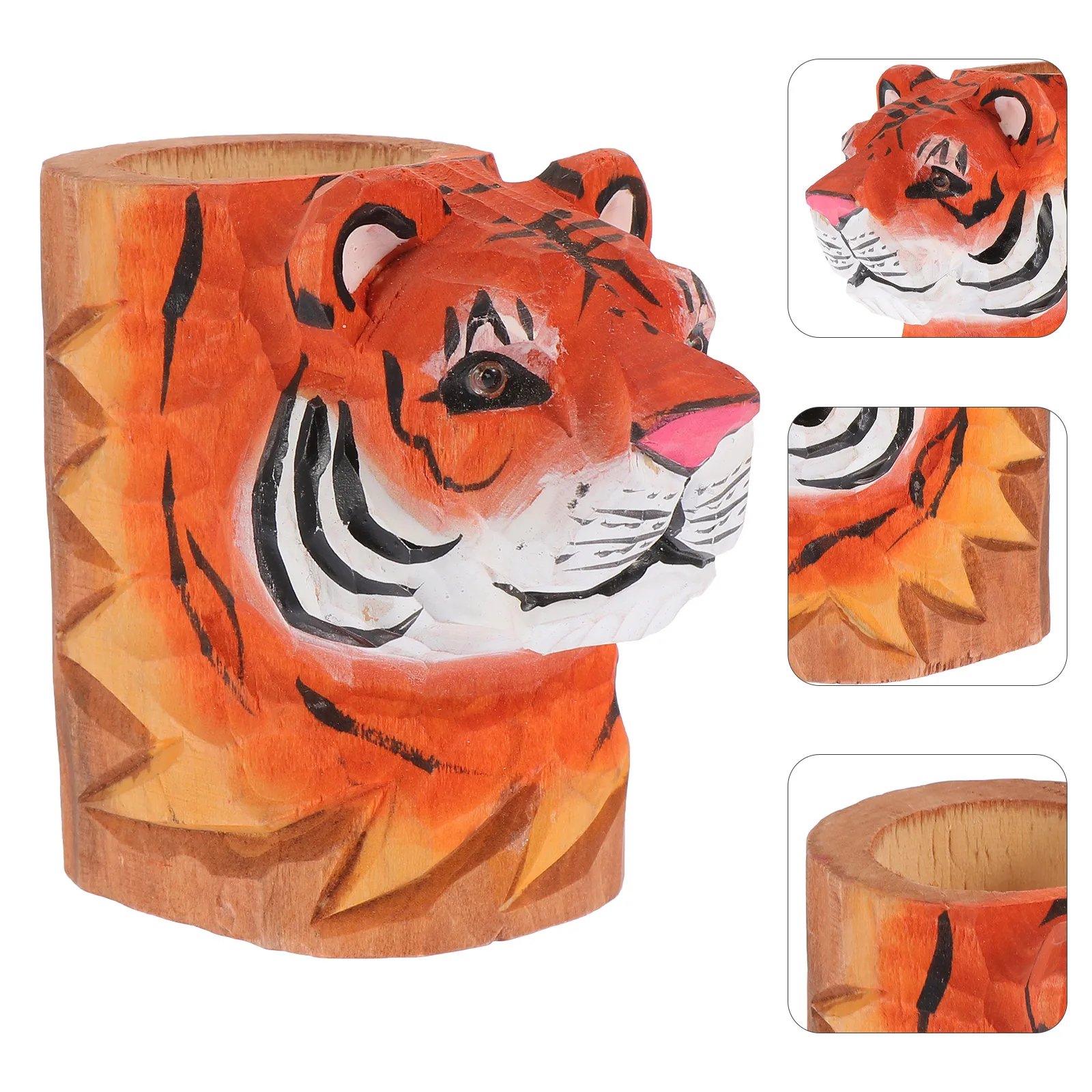 

Tiger Pen Holder Wood Pencil Desk Organizer Unique Writing Utensil Cup Stationery Home Office School Practical Round