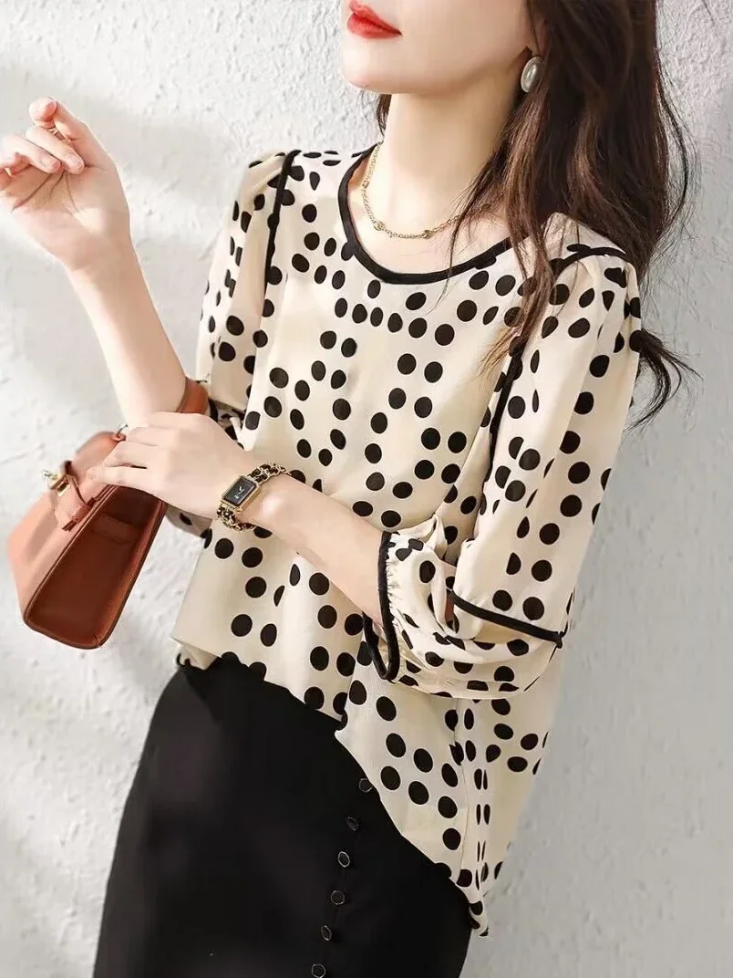 Spot French Gentle Bubble Sleeves Shirt 2024 Summer New Wave Dot Flesh Covering Versatile Women\'s Shirt