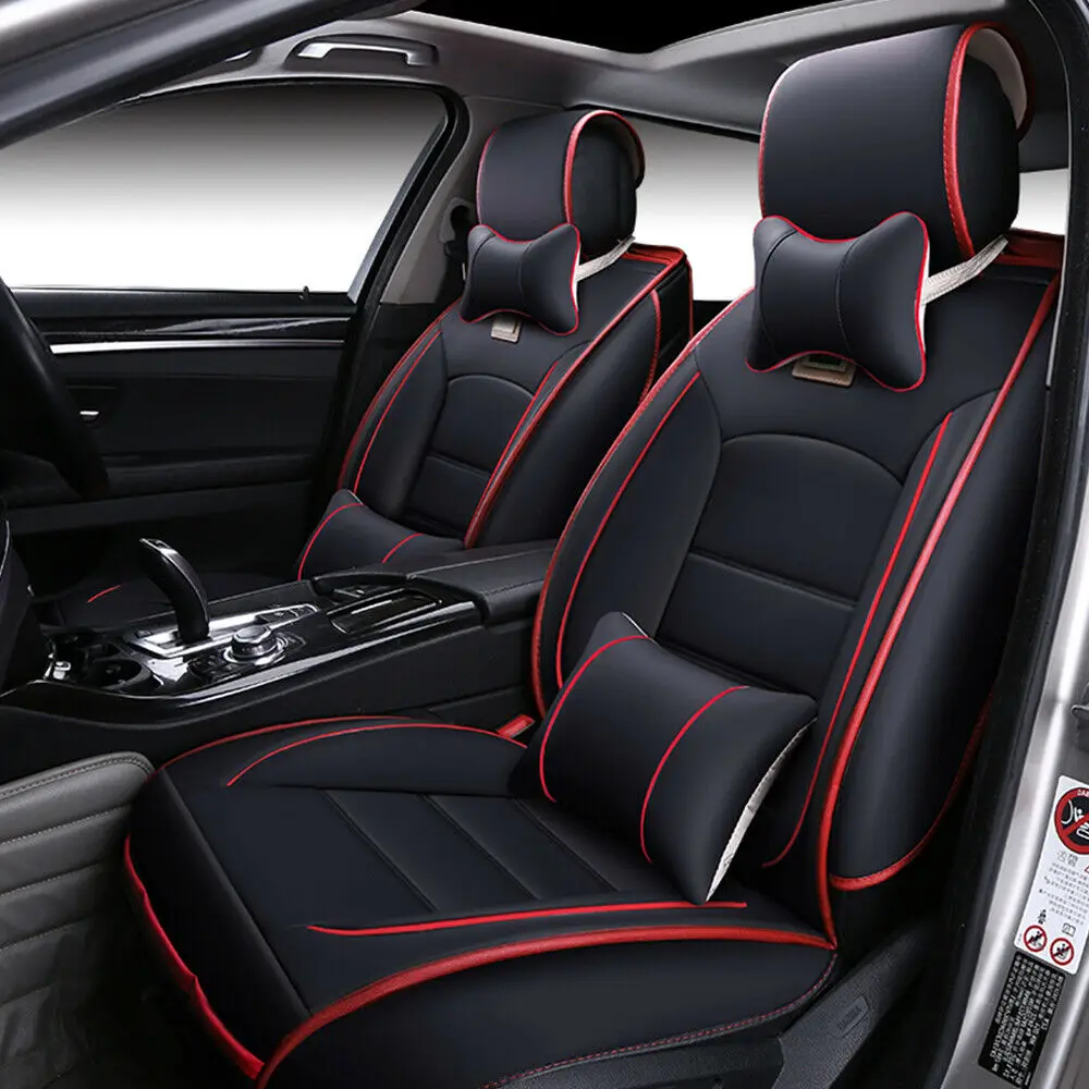 

PU leather Seat Cover Set,5 Sits Seat Cover Cars Red and Black Seat Cover, with Waist Pillow and Head Pillow,for All Seasons