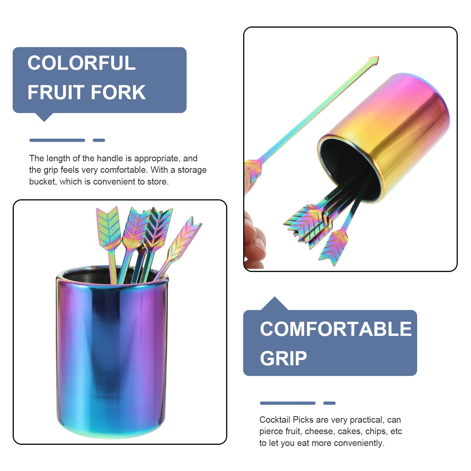 

5Pcs Stainless Steel Fruit Forks Set Colorful Appetizer Picks Cocktail Sticks Drink Stirrers Tableware
