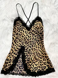 Women's Silk V-Neck Lace Trim Leopard Print Nightdress Slit Camisole Sensual Loungewear Lightweight All-Season