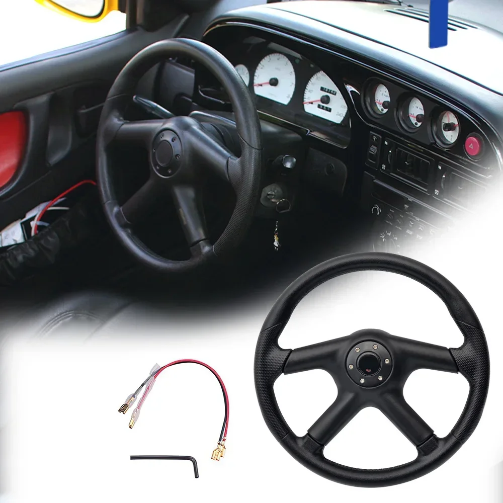 Car Steering Wheel 14inch/350mm Universal Flat PU Racing Drifting Sports Steering Wheel w/ Logo Car Accessories