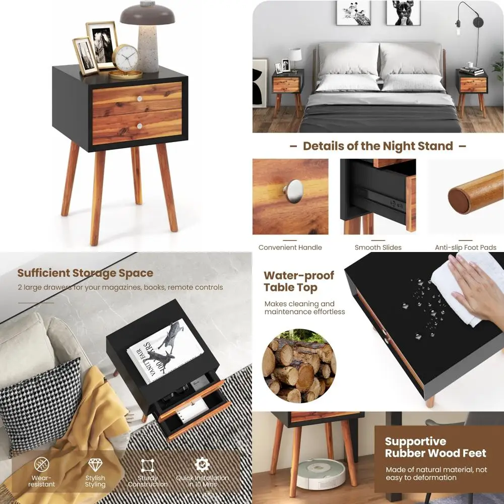 

mid-century 2-drawer wooden nightstand with storage for small spaces