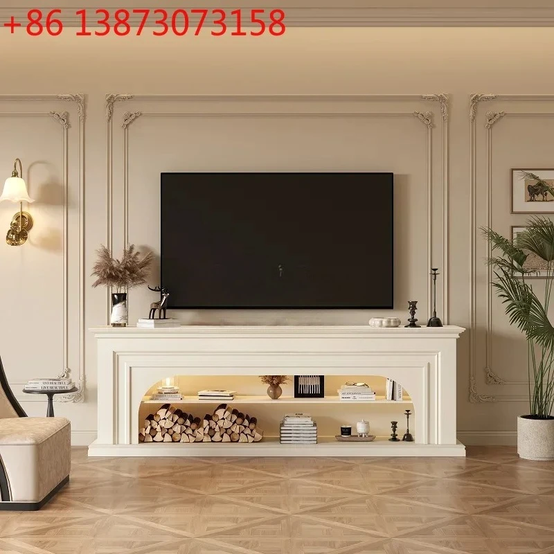 French cream wind fireplace TV cabinet living room background wall retro simulation fire solid wood porch customization