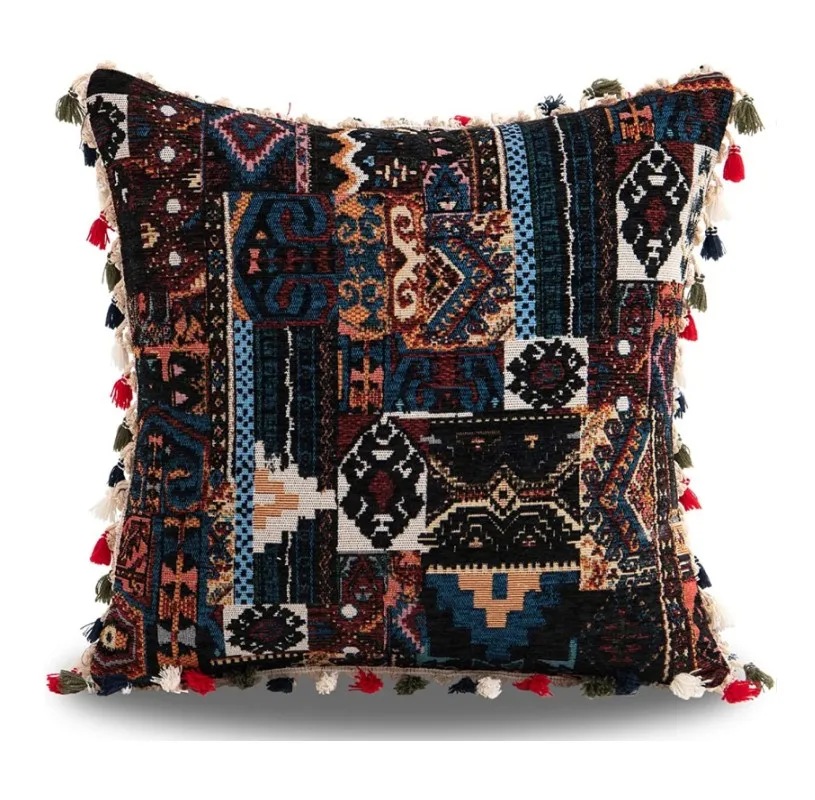 Inyahome Tassel Bohemian Flower Pillows Case Colourful Boho Floral Ethnic Style Theme Decorative Cushion Cover Living Room Decor