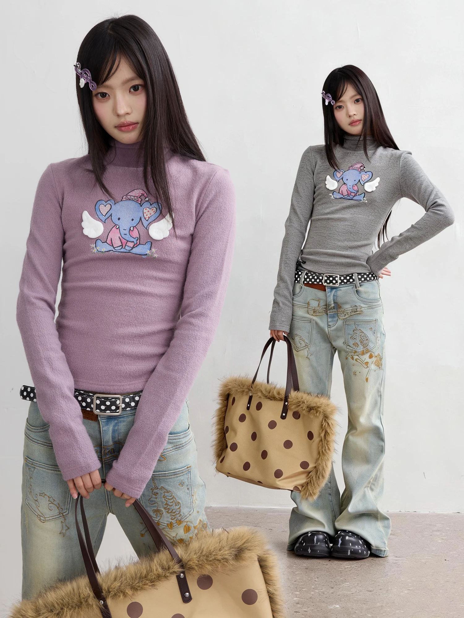 

Blue Elephant Design T-Shirt Long Sleeve Print Graffiti Love Elephant Spring Youth Active Style Standard Fit Daily Wear Unisex
