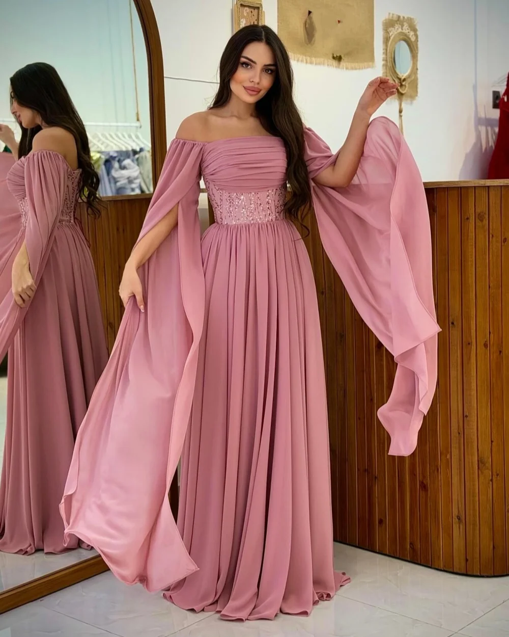 

Customized Fashion Women Chiffon Sequined Ruched A-Line Evening Dresses Modern Style Off-the-shoulder Sleeveless Long Party Gown
