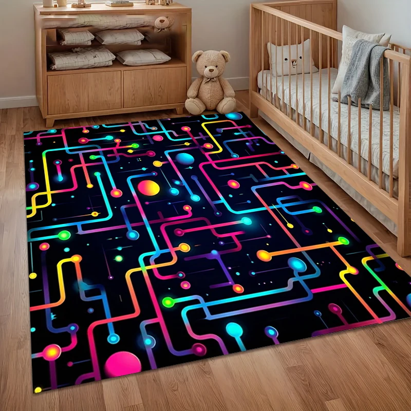 Cyberpunk Circuit Board Area Rug Neon Colorful Large Living Room Rug Tech Style Lounge Carpet Modern Bedroom Mat