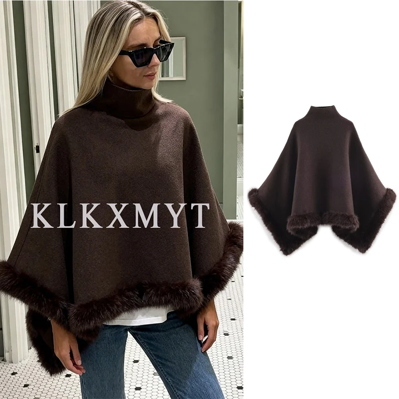 

Women Fur Splice Cape Jacket 2025 Autumn New Fashion Bat Costume Loose Leisure Poncho Coat Elegant Hight Street Women Cloak ﻿