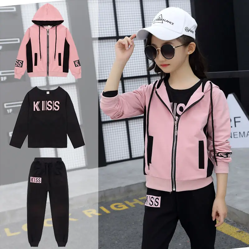 Children\'s Hooded Cotton Tracksuit Girls Fashion Cartoon Zipper Three Piece Teenage Kids Clothes Sets Spring Autumn 11 12 Years