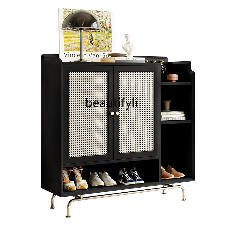 Solid Wood Rattan Woven Large Capacity Shoe Cabinet Foyer Doorway Minimalist Creative Multi-Functional Shoe Rack