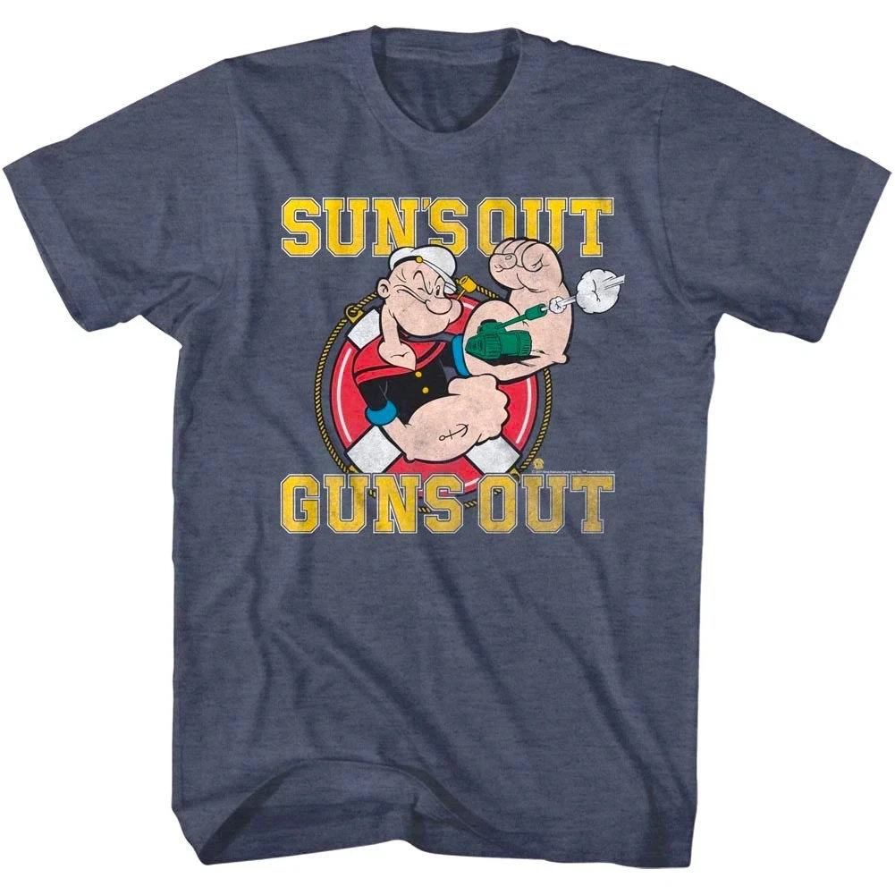 Popeye The Sailorman Suns Out Guns Out Tank Muscles Camiseta masculina casual manga curta personagem de desenho animado estampado em torno do pescoço