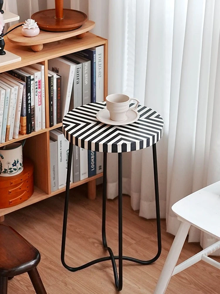 Home Furniture Black White Bone Inlay Round Side Table Retro Metal Small Coffee Tables Living Room Home Decor Housewarming Gifts