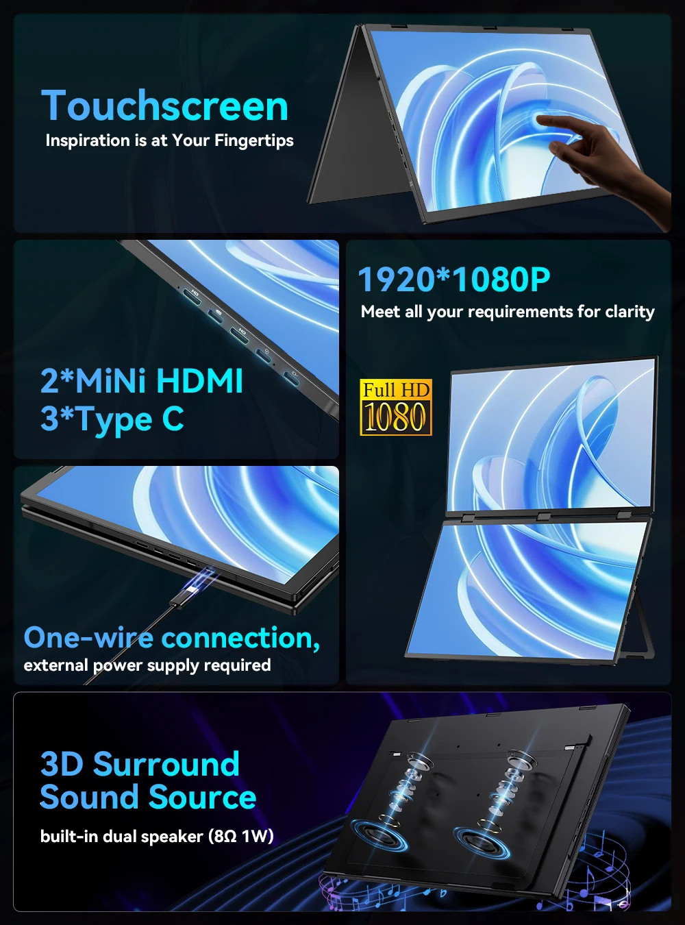UPERFECT 18,5'' 100Hz 1080P écran tactile double triple moniteur portable IPS USB-C HDMI HDR écran secondaire Voyage PC portable pliable moniteurs de jeux 100% sRGB Windows Mac Android Plug & Play pour Win / Mac