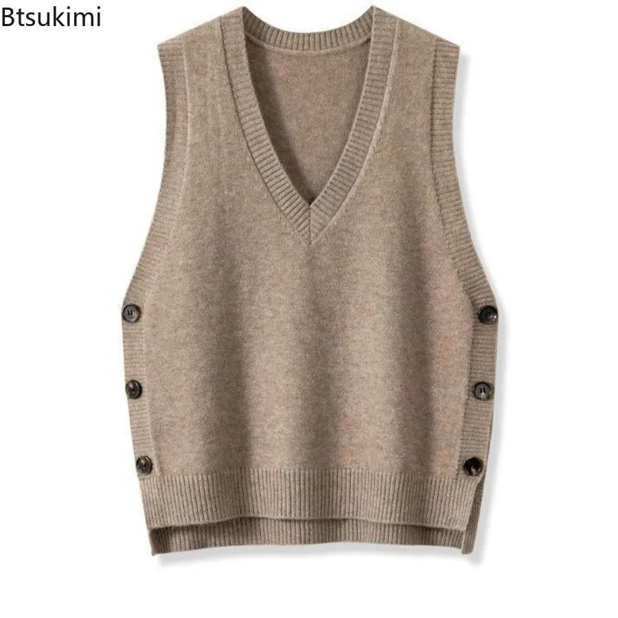 Woman Retro V-neck Sweaters Knitted Vest 2025 Autumn Winter Loose Sleeveless Knitwear Fashion Femme Winter Pullover Sweaters