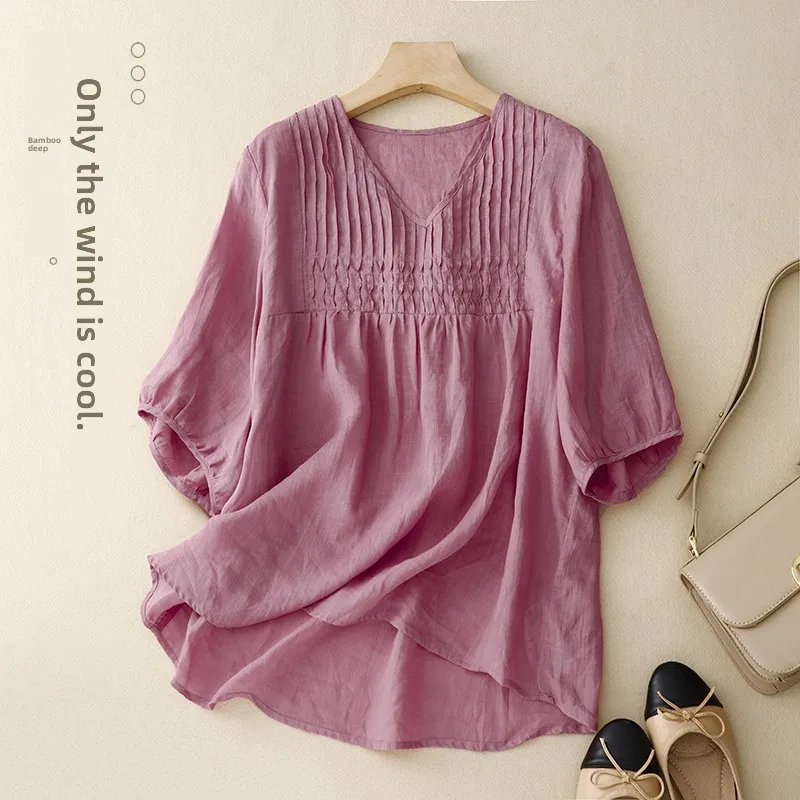 

Retro Accordion Pleat Cotton Linen irt Anti-Aging Ele Flax Doll irt Women Loose plus Size Top Trendy