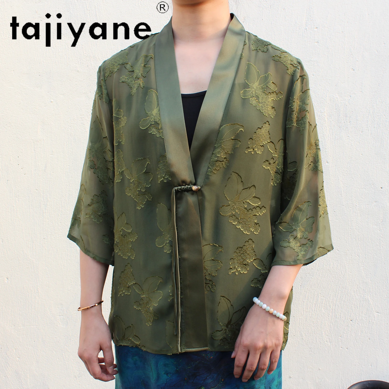 TAJIYANE 100% Mulberry Silk Blouse High Quality V-neck Blouses Half Perspective Summer Silk Cardigan 2025 Ladies Clothes Camisas