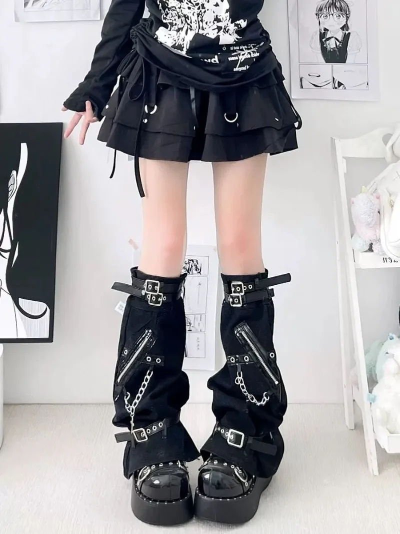 Dark Series Denim Wide Leg Sock Covers Japanese Subculture Punk Chain Jk Calf Trumpet Gothic Leg Warmer Y2k Harajuku Leg Warmers