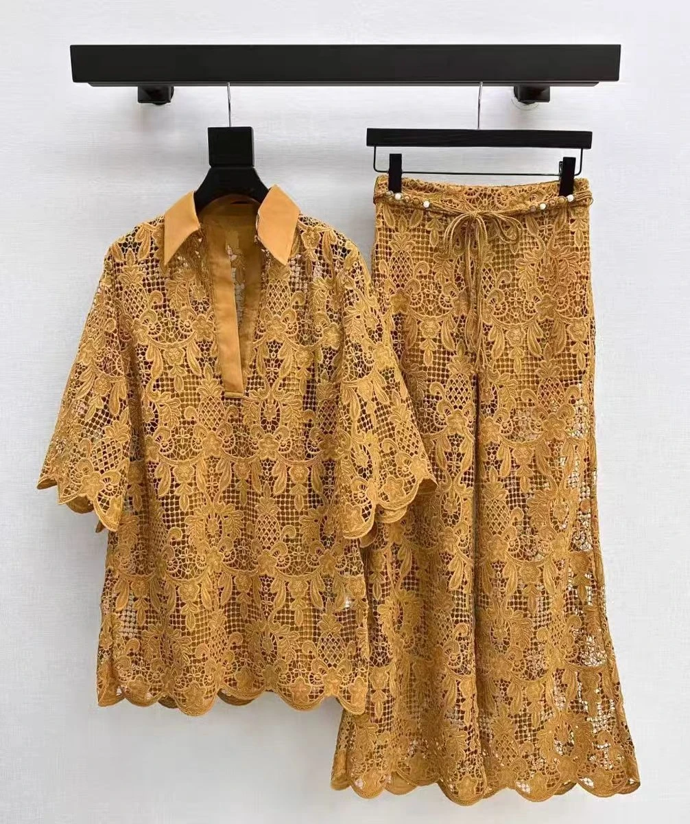 

Women Orange Lace Pants 2025 top set