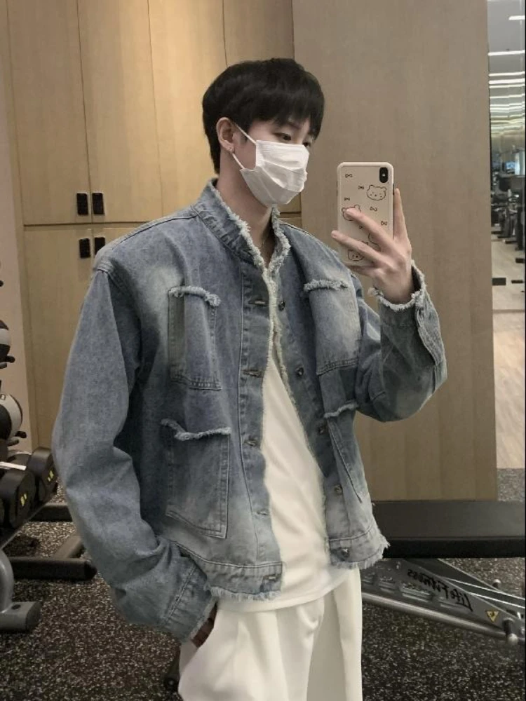 Button Pocket Denim Jackets Man Y2k Joker High Quality Cowboy Coat for Men Washed Worn Japanese Retro Branded Aesthetic Outwear