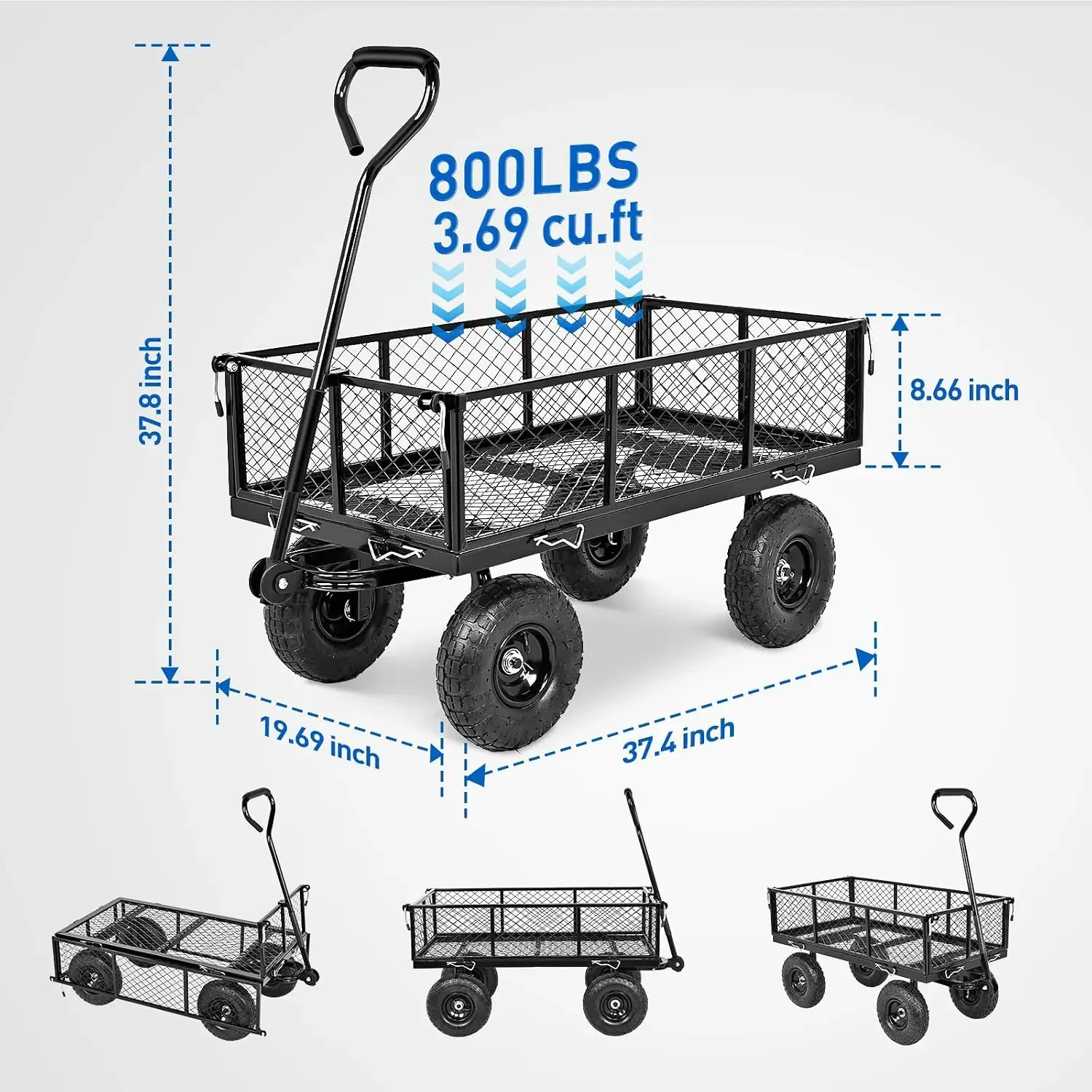 Steel Garden Carts - 800lbs Dump Wagon with All Terrain Inflatable Wheels for Yard Lawn Farms Gardening - Heavy Duty Utility