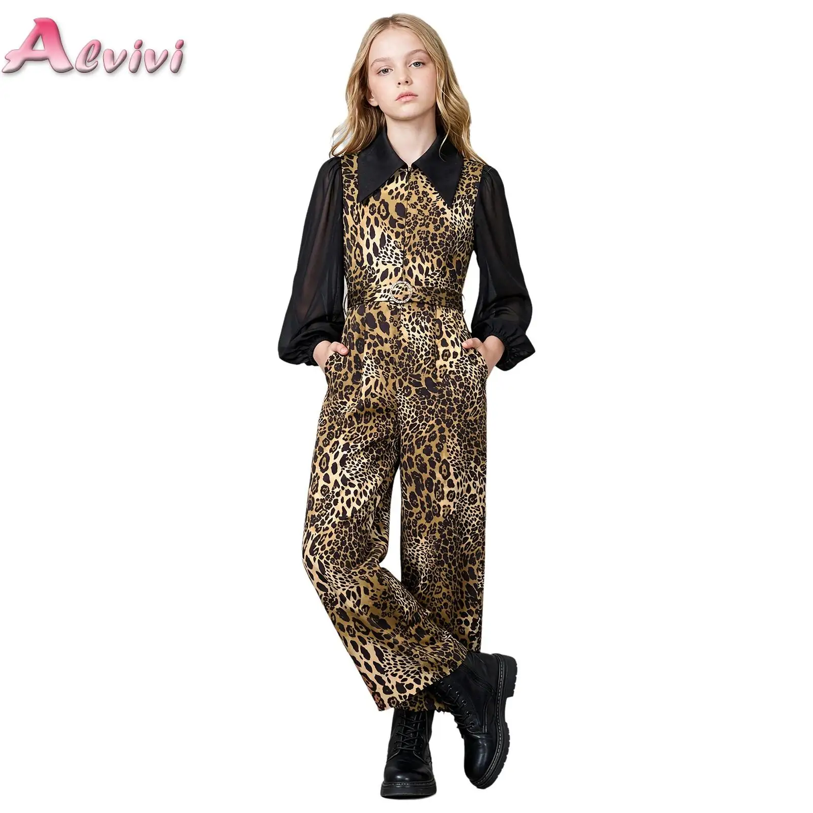 Mono de estampado de leopardo para niñas, con cuello abotonado, mangas largas abullonadas de gasa, cierre con cremallera y cinturón, ideal para cumpleaños, vacaciones y viajes.