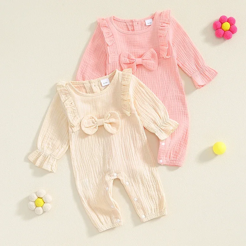 

Tregren Autumn Baby Girls Romper Solid Color Long Sleeve Ruffled Trim Baby Rompers Infant Playsuit Jumpsuits Newborn Clothes