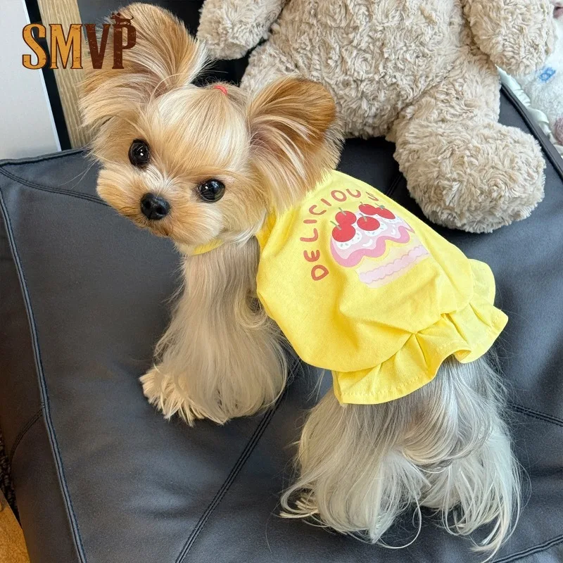 

Летнее тонкое желтое платье для кошек и собак с принтом, декоративным краем в виде листьев лотоса и тыквы, для маленьких и средних пород