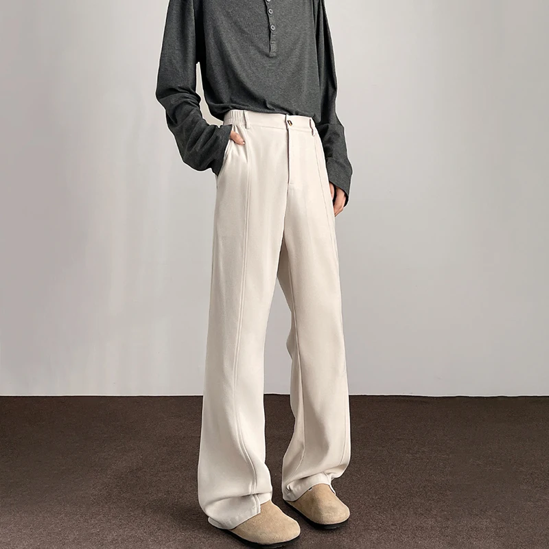 

Минималистичный стиль, утягивающие брюки длиной до пола, мужские корейские винтажные прямые костюмные брюки, мужские расклешенные брюки с эластичной резинкой на талии