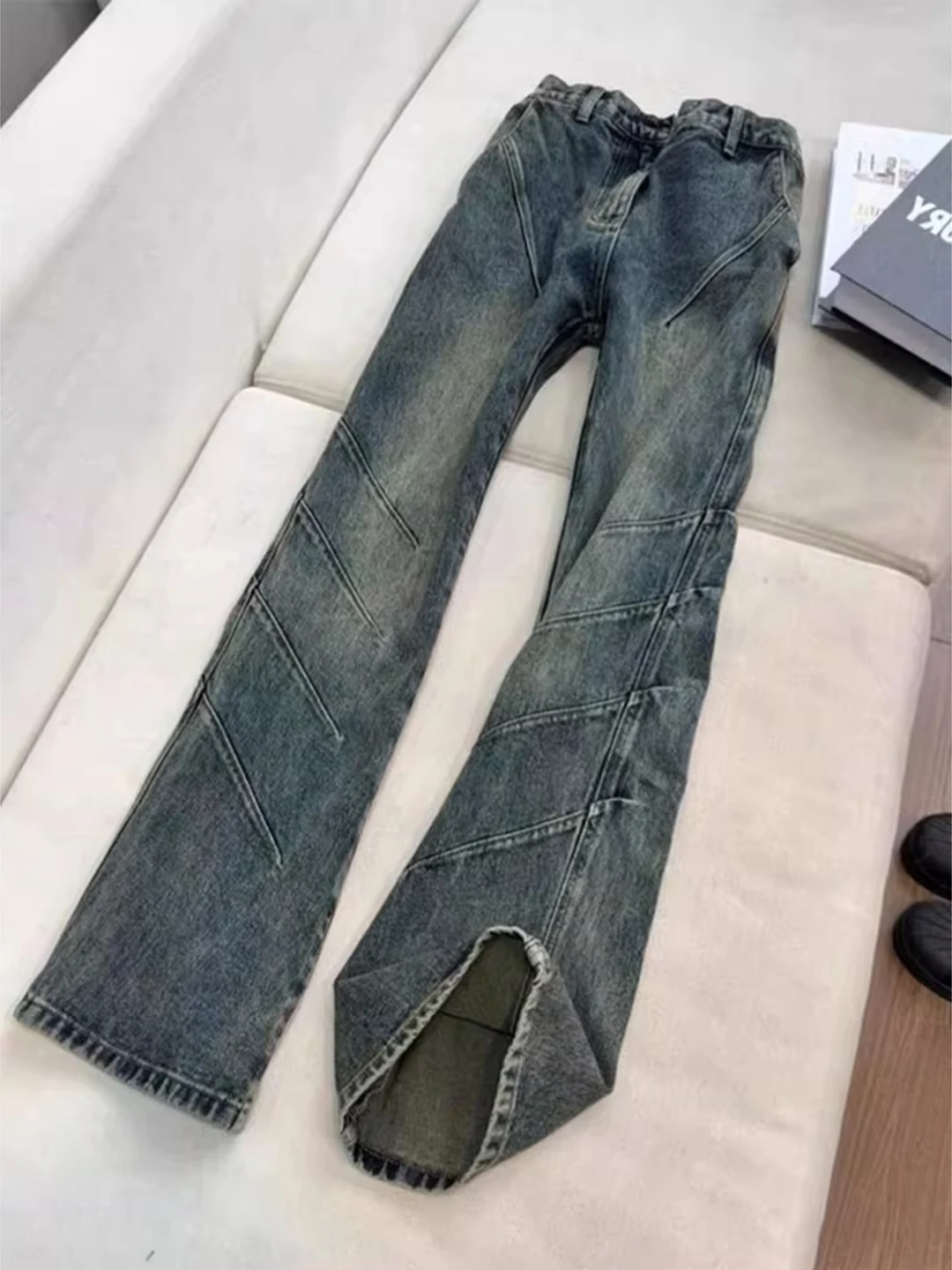 

Deep Blue Pleated Men's Jeans American Style High Street Spring Autumn Micro Flared Slim Straight Knife Pants Casual Wear