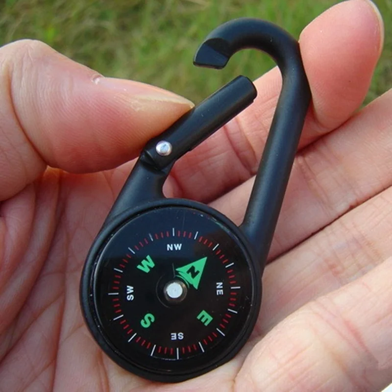 Multifunctional Smart Hiking Metal Plastic Carabiner Mini Compass Thermometer Keychain (Random Color)